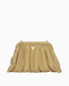 Gold mesh Guess Zalina clutch with rhinestone finish and triangle logo