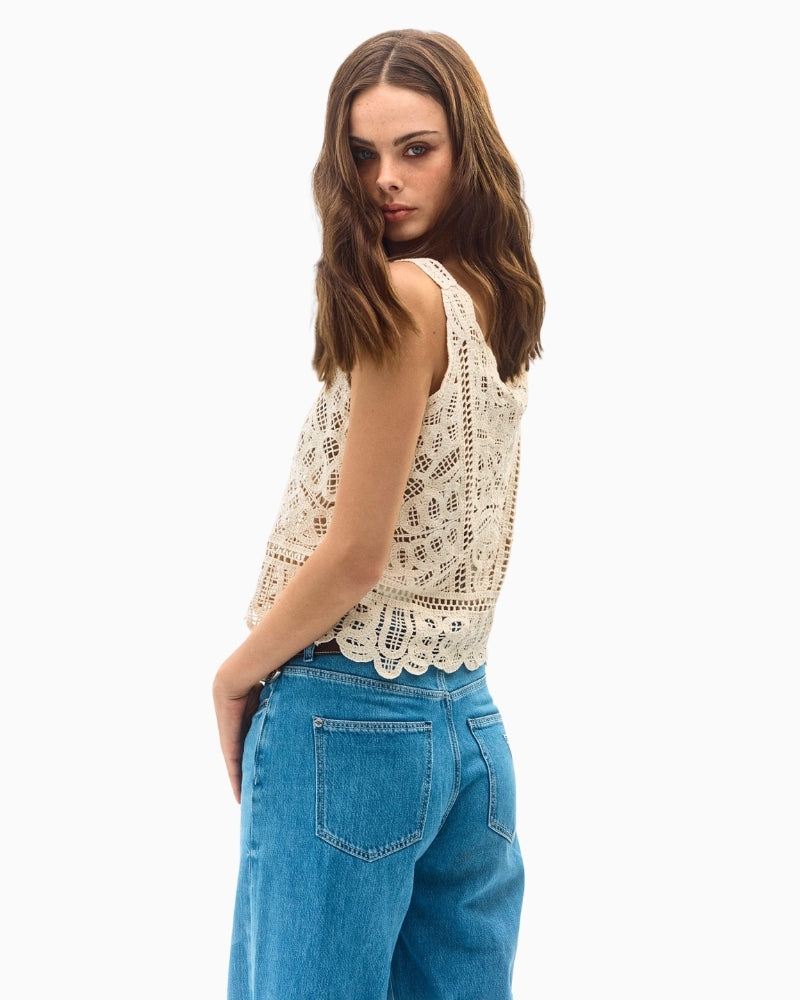 Guess beige sleeveless macramé top side view
