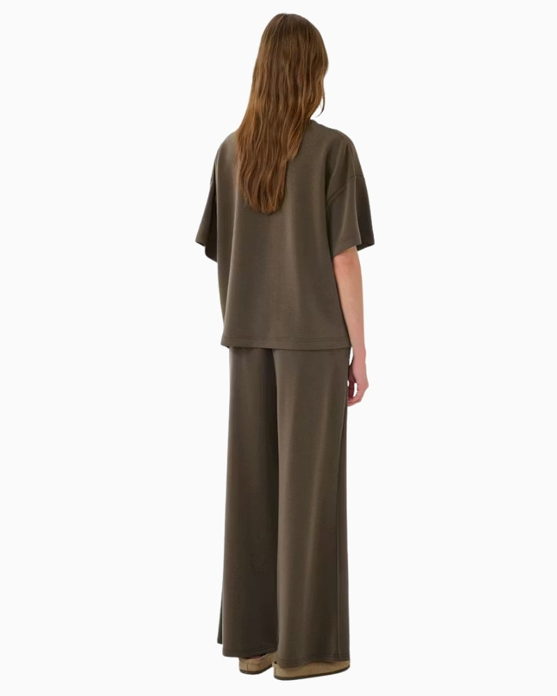 Helle wide trousers olive back view fluid silhouette