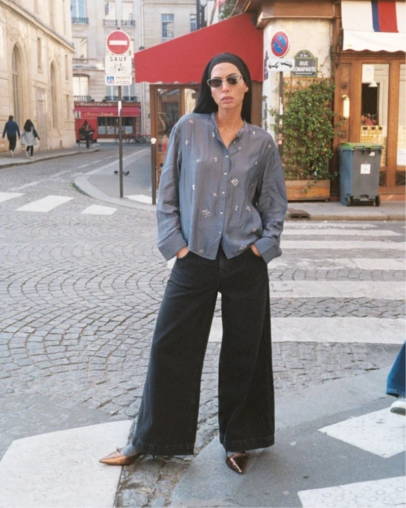 Women’s glam button-down shirt in dark silver viscose with pearl accents