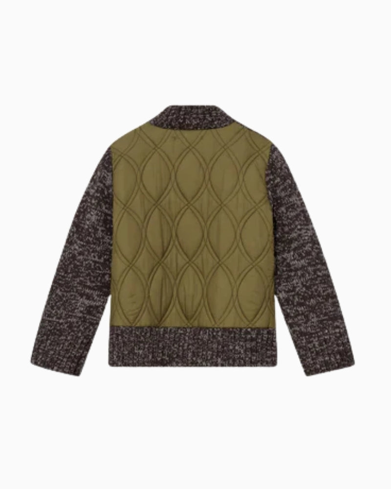 Back view of HEYANNO knit showing quilt detail and relaxed silhouette