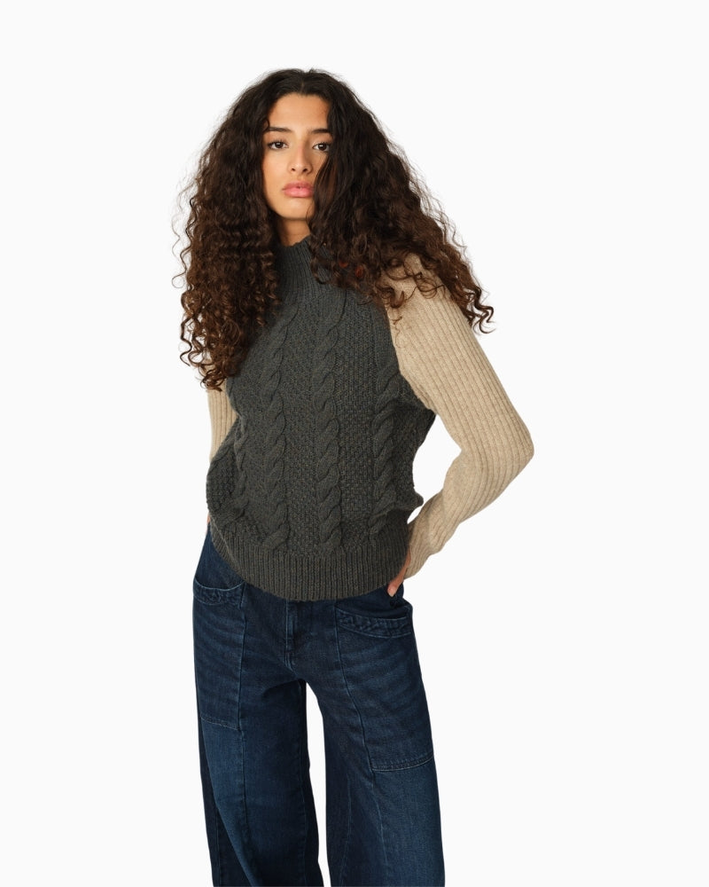 Deep forest green cable knit jumper with button collar and marl texture