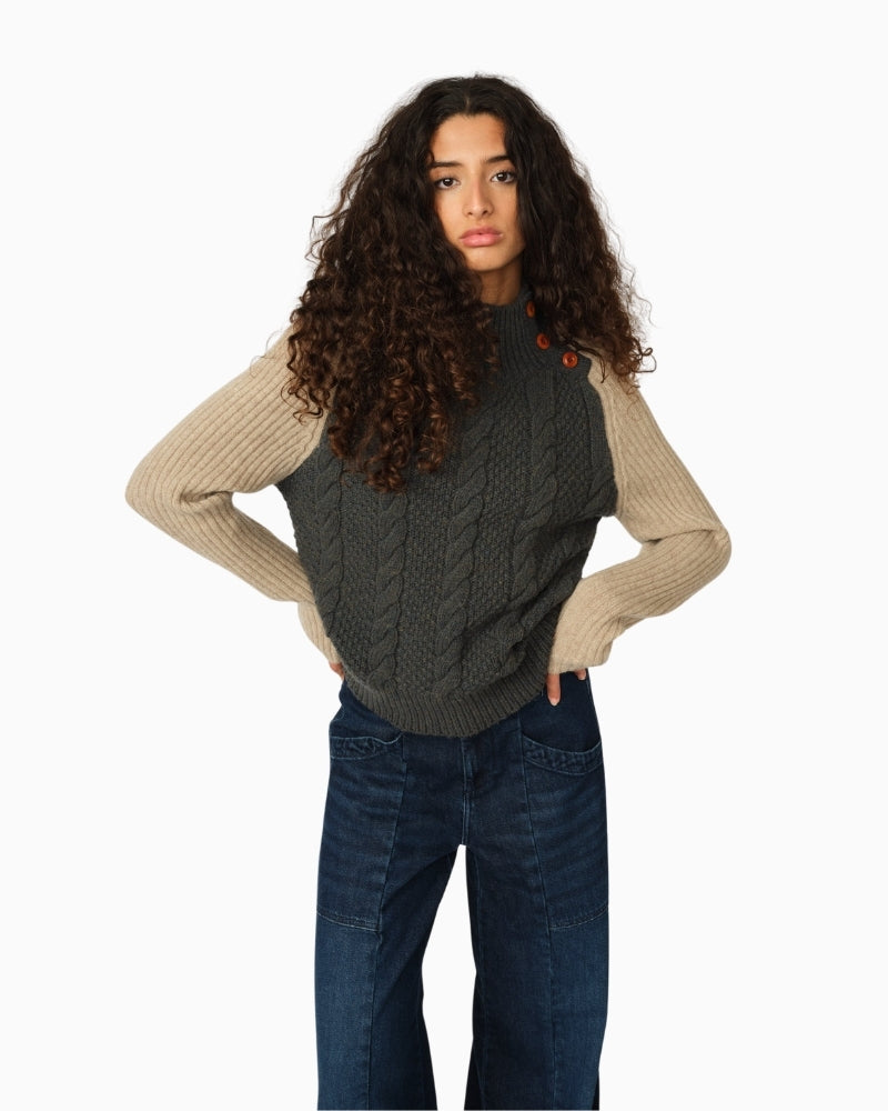 Deep forest green cable knit jumper with button collar and marl texture