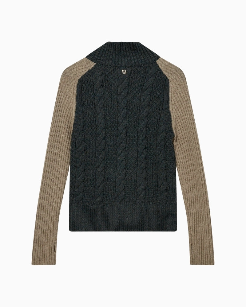Back of Deep forest green cable knit jumper with button collar and marl texture