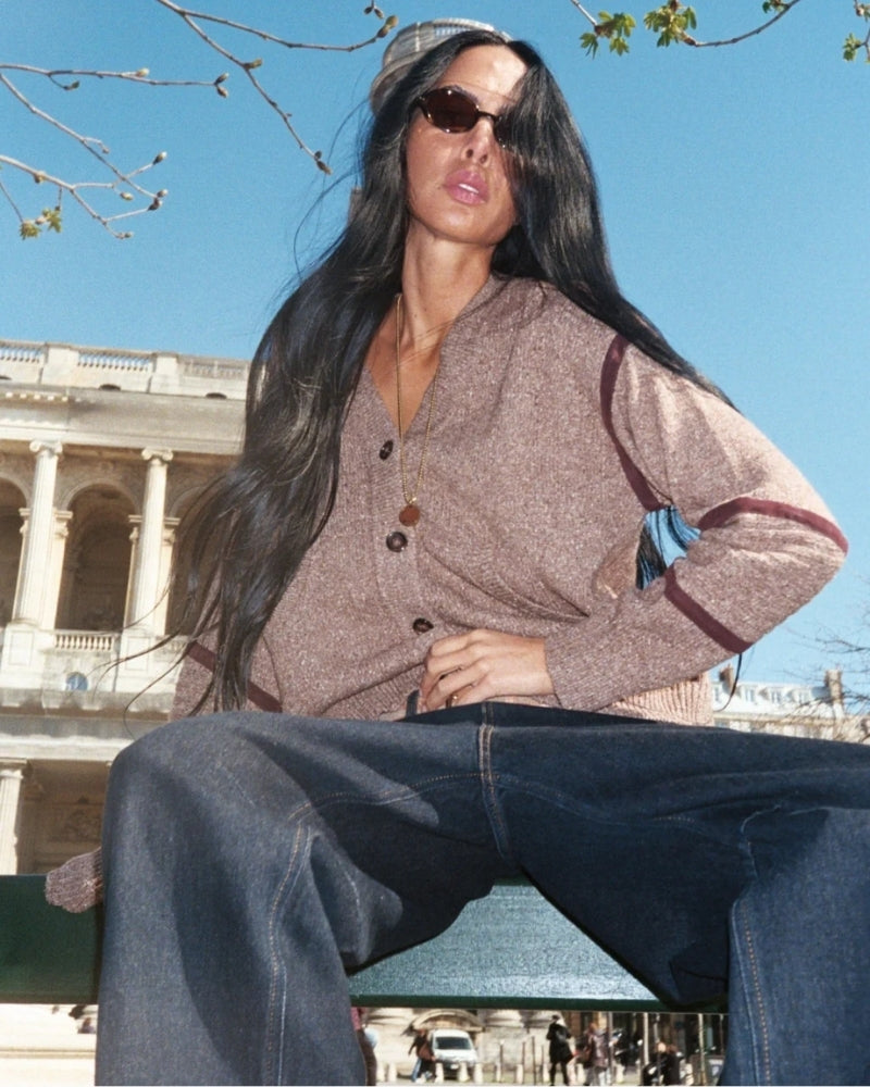 Heyanno light silk cardigan in warm brown mélange wool-silk blend