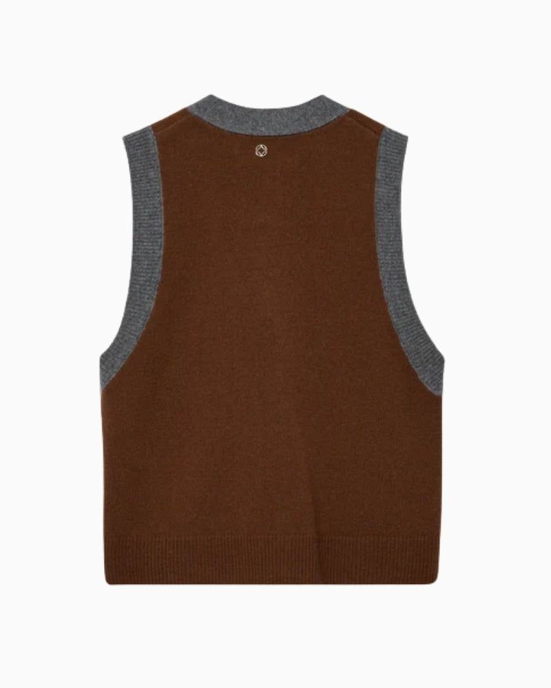 Back view of rich colour mix knit texture in vest