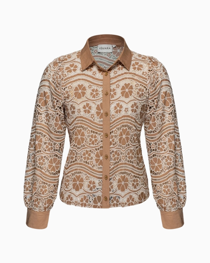 Kimara Fabienne Blouse in brown openwork floral front view