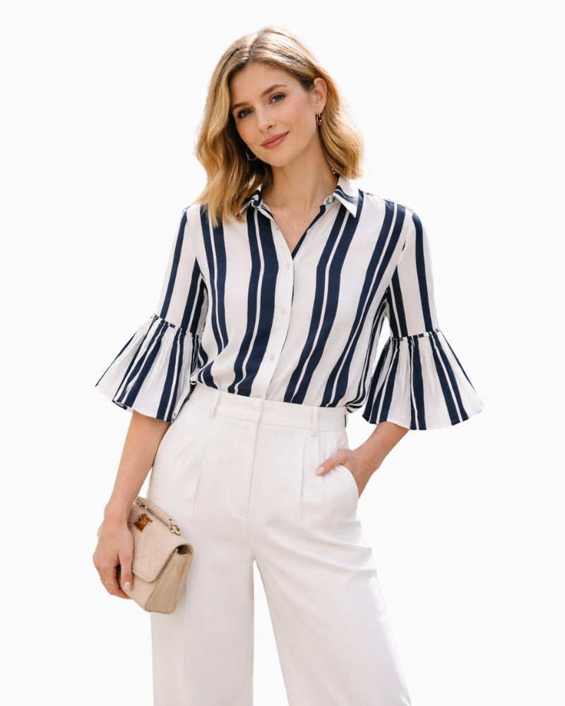 Kimara Senna stripe blouse navy white front view