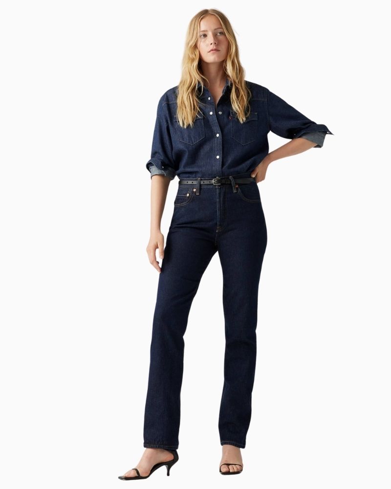 Front view of non-stretch Levi’s 501 jeans showing relaxed fit and traditional pockets