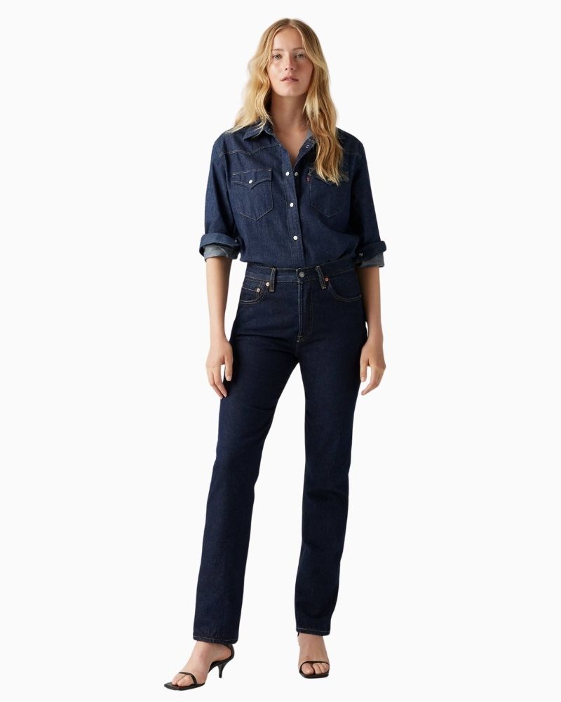 Model view of non-stretch Levi’s 501 jeans showing relaxed fit and traditional pockets
