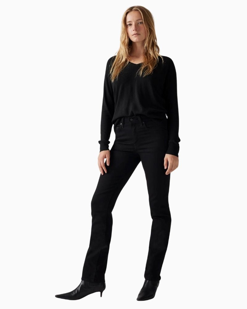 Model view Levi’s 724 high-rise straight jeans in dark stretch denim with zip fly and 5-pocket design