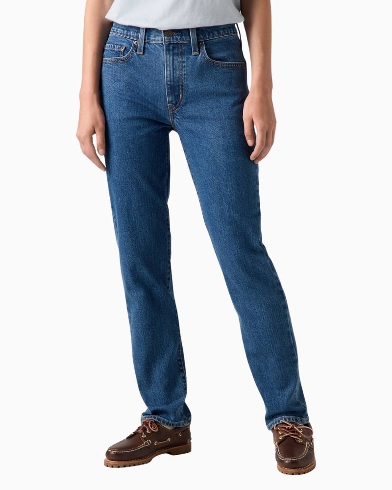 Levi’s 724 jeans in classic blue vintage stretch denim with high rise and straight leg
