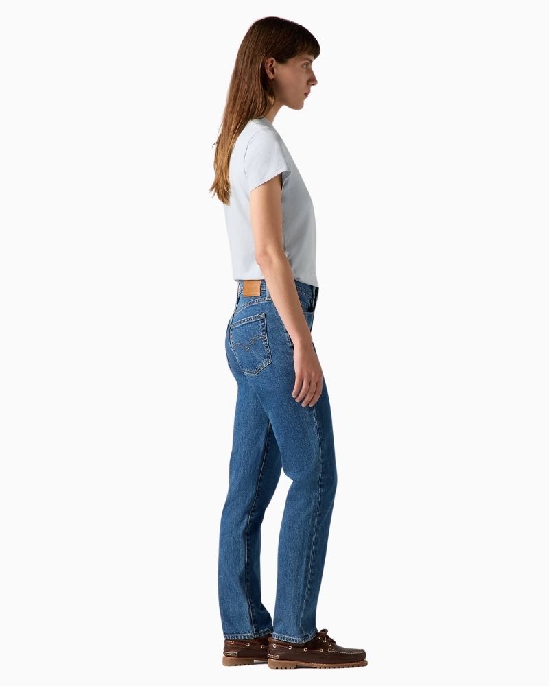 Side view of Levi’s straight-leg jeans showing slim fit and traditional 5-pocket style