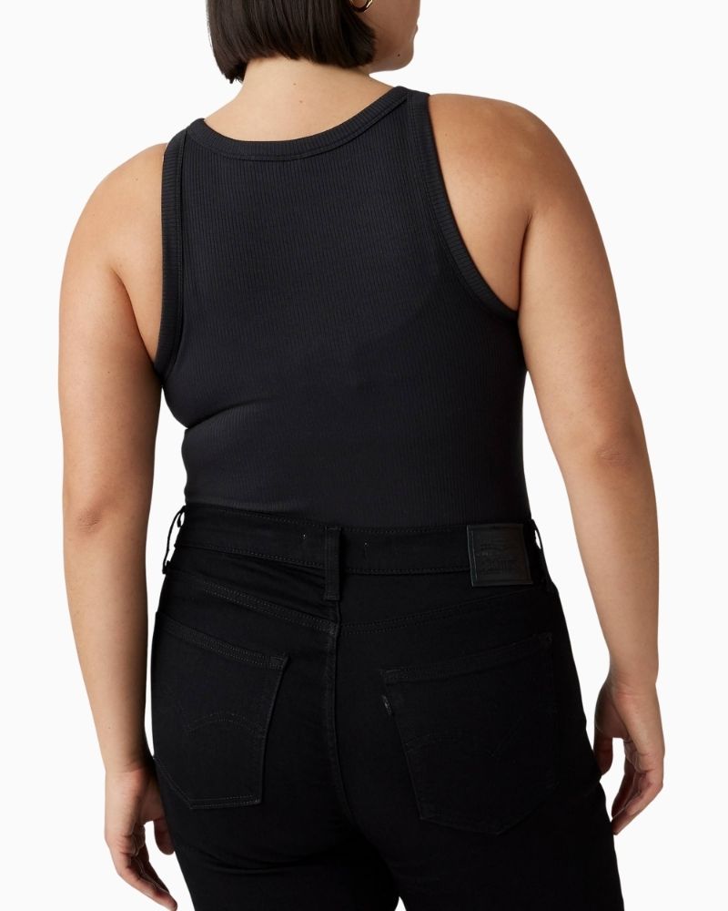 Back close up view of Levi’s 724 jeans showing slim fit through thigh and straight leg silhouette