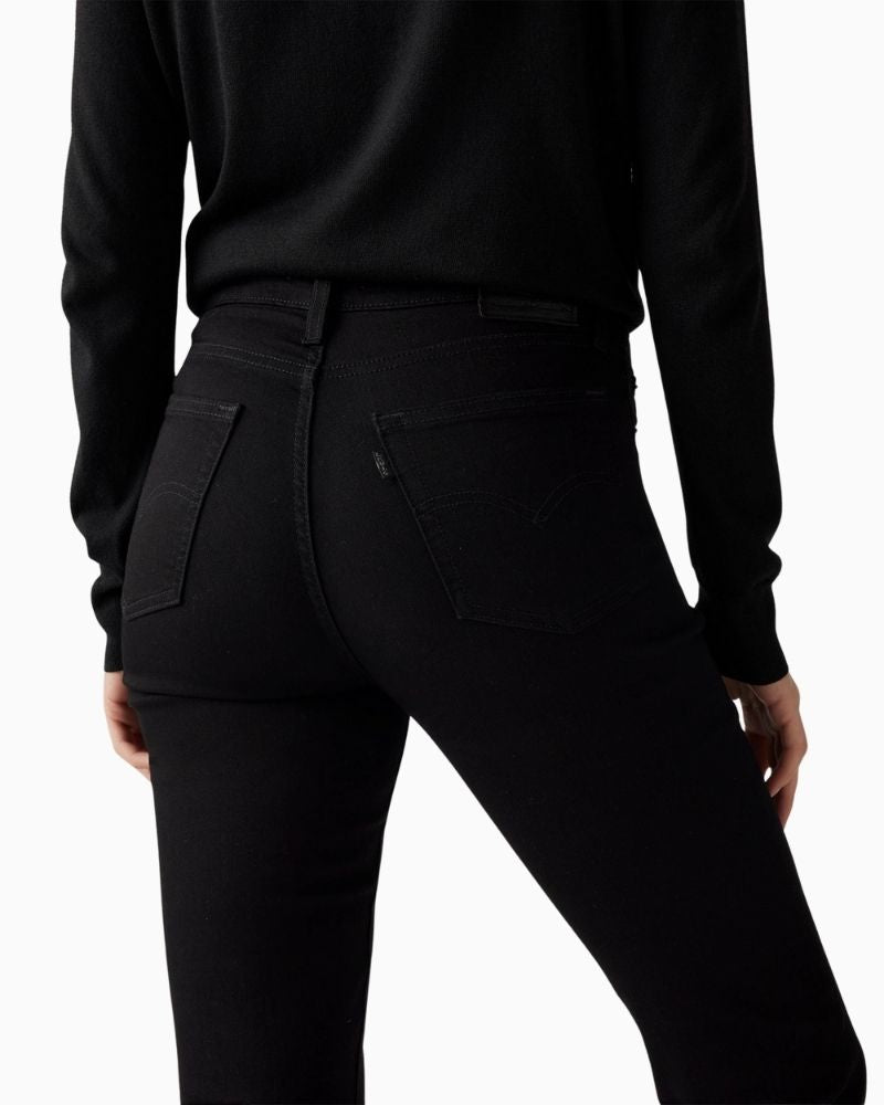 Back close up view of Levi’s 724 jeans showing slim fit through thigh and straight leg silhouette