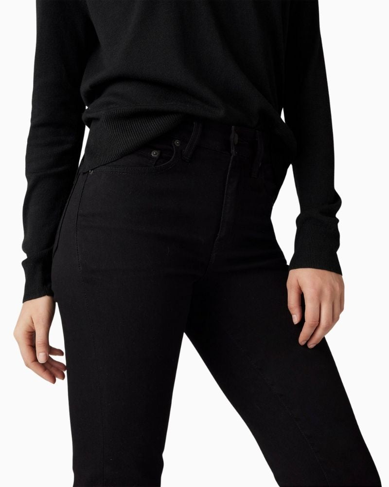 Front close up view of Levi’s 724 jeans showing slim fit through thigh and straight leg silhouette