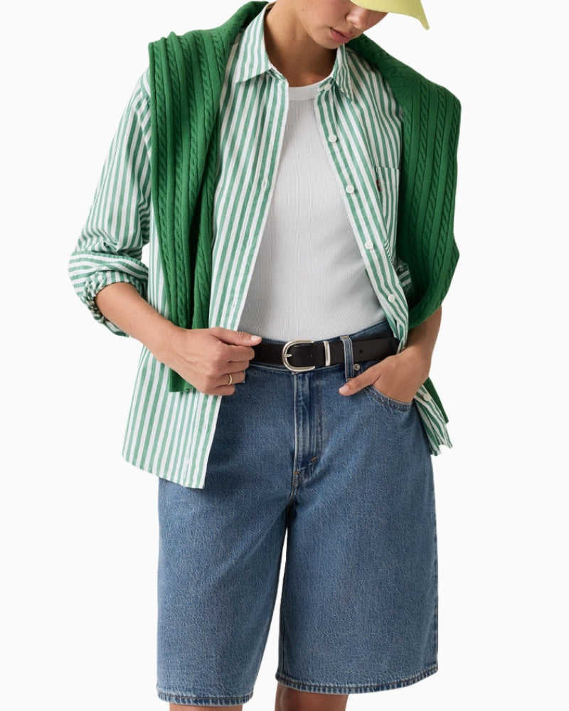 Close-up of Levi’s Baggy Dad jorts denim fabric and zip fly detail – Áines Boutique