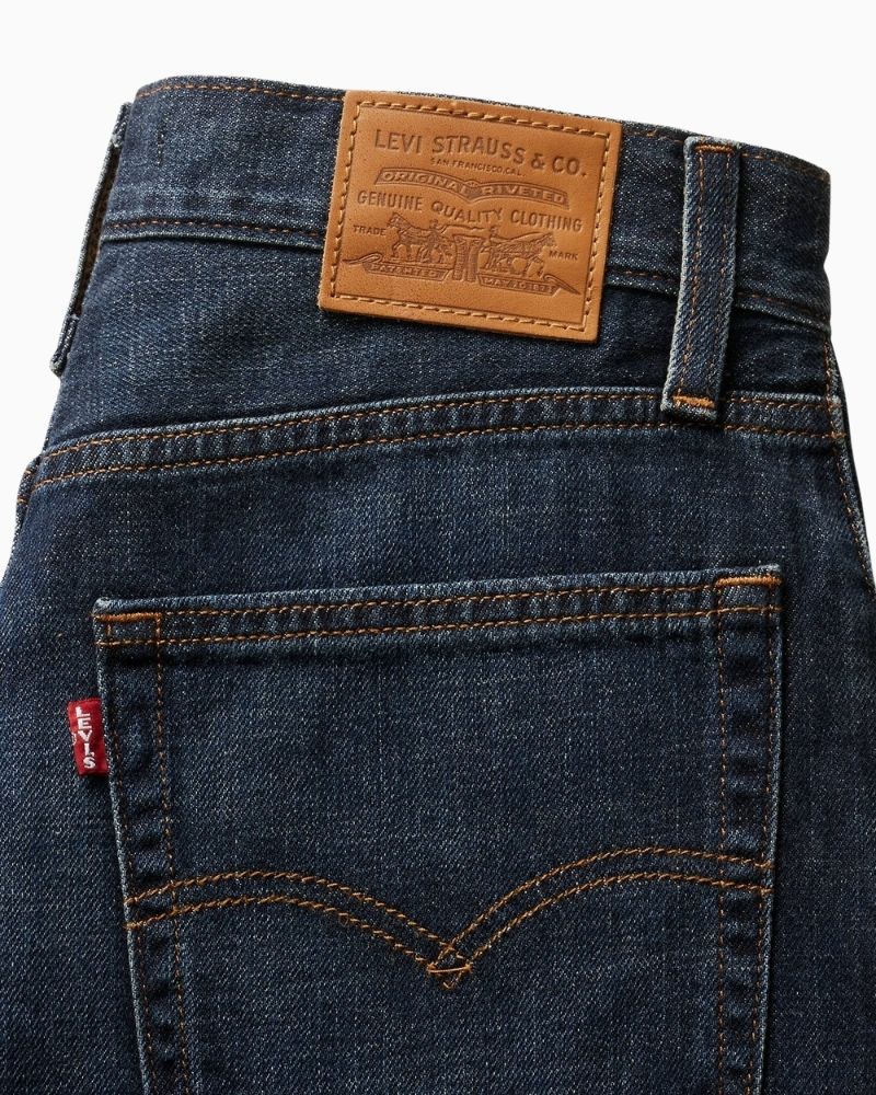 Close up view Levi’s Baggy Dad jeans in light blue linen denim with mid-rise waist and roomy straight leg