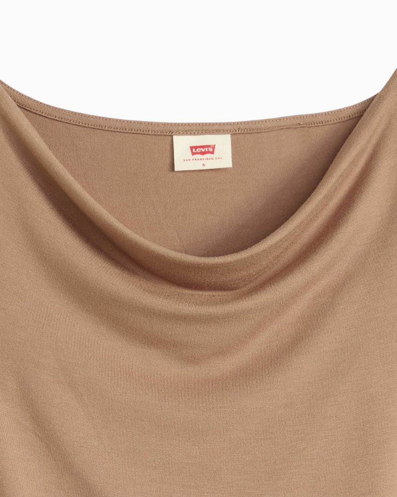 Close up view of Levi’s Clea Cowl Top showing slim fit and lightweight sleeveless cut