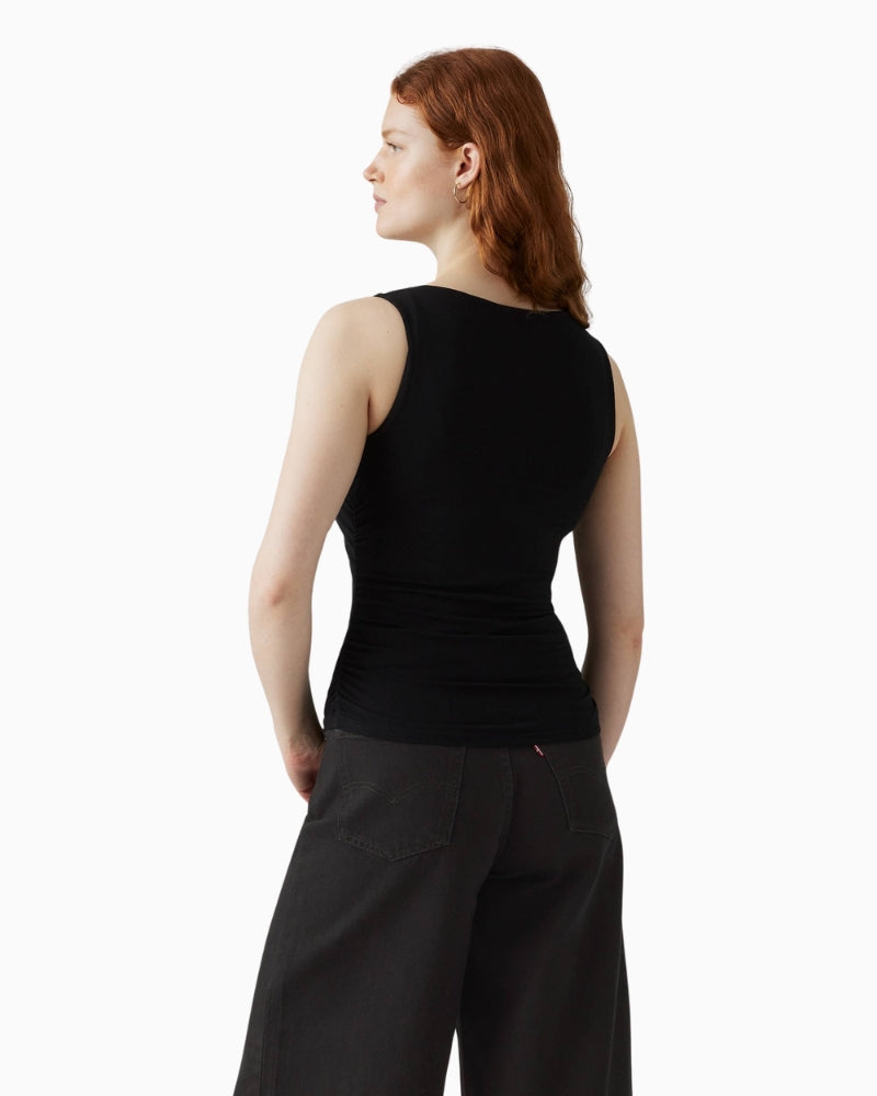 Back of Levi’s Clea sleeveless cowl top in soft black jersey with slim fit