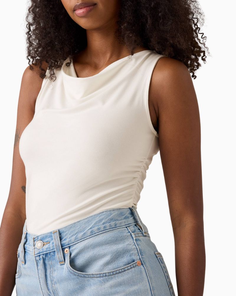 Close up of Levi’s sleeveless cowl neck top in soft jersey fabric with ruched neckline and slim fit