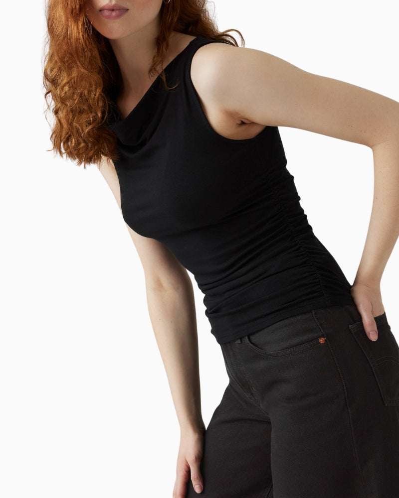 Close up of Levi’s Clea sleeveless cowl top in soft black jersey with slim fit