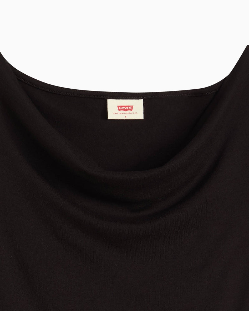 Close up of Levi’s Clea sleeveless cowl top in soft black jersey with slim fit