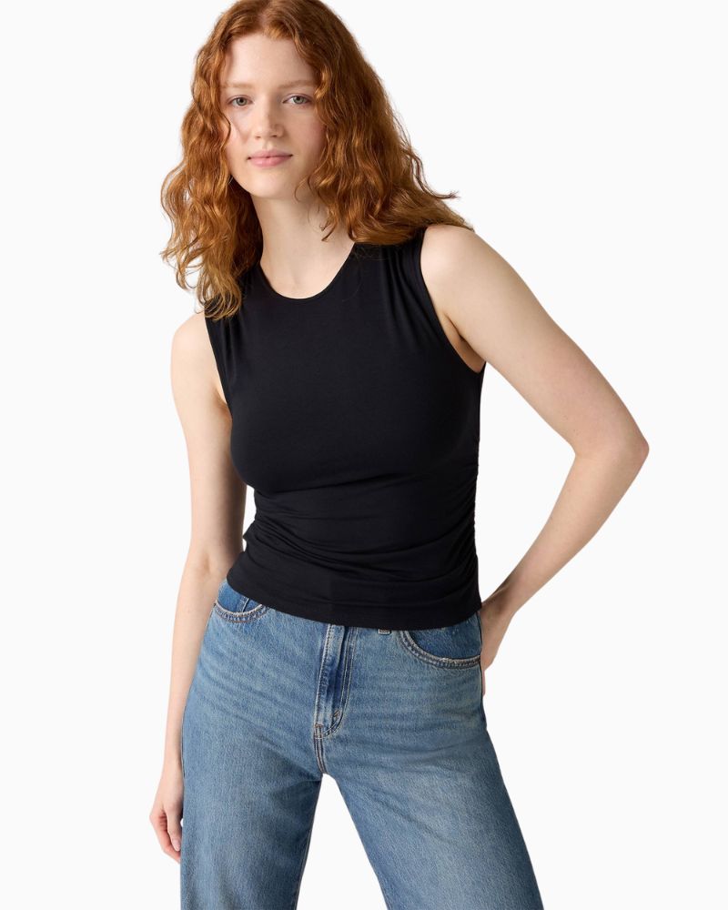 Close-up of ruched detailing on Levi’s ECOVERO top showing gathered front design