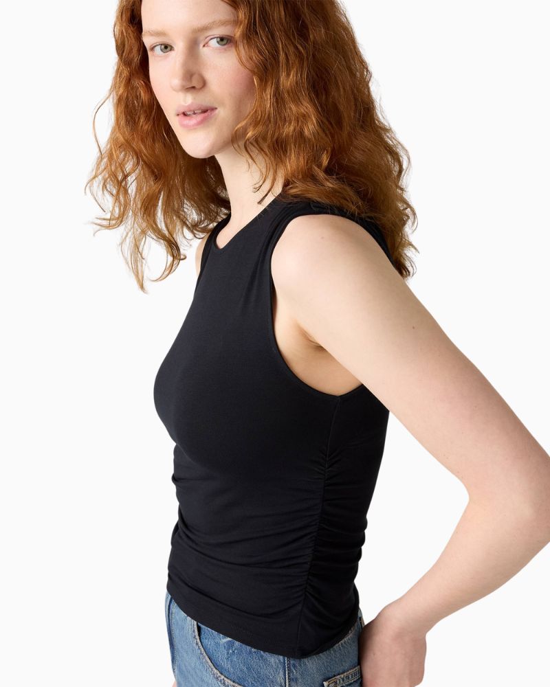 Side of ruched detailing on Levi’s ECOVERO top showing gathered front design