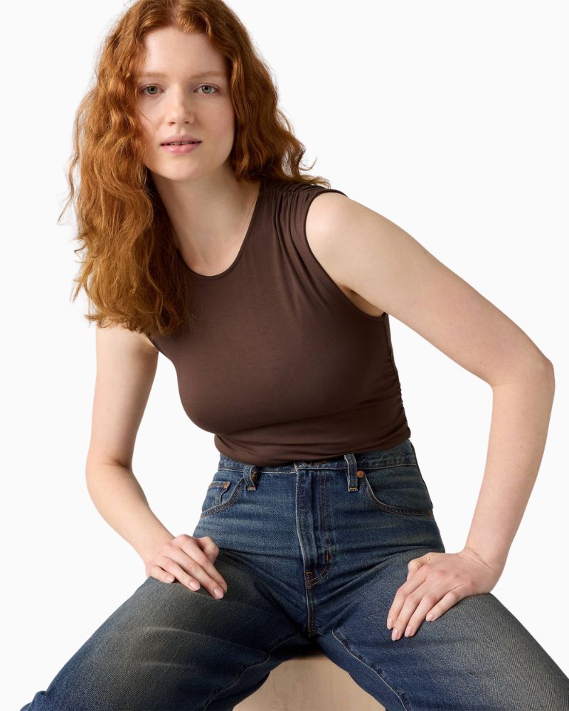 Close up of Levi’s Crystal sleeveless ruched top in stretch jersey with slim fit and soft ECOVERO™ viscose