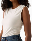 Close up of Levi’s Crystal short sleeve ruched jersey top in stretch viscose with slim fit