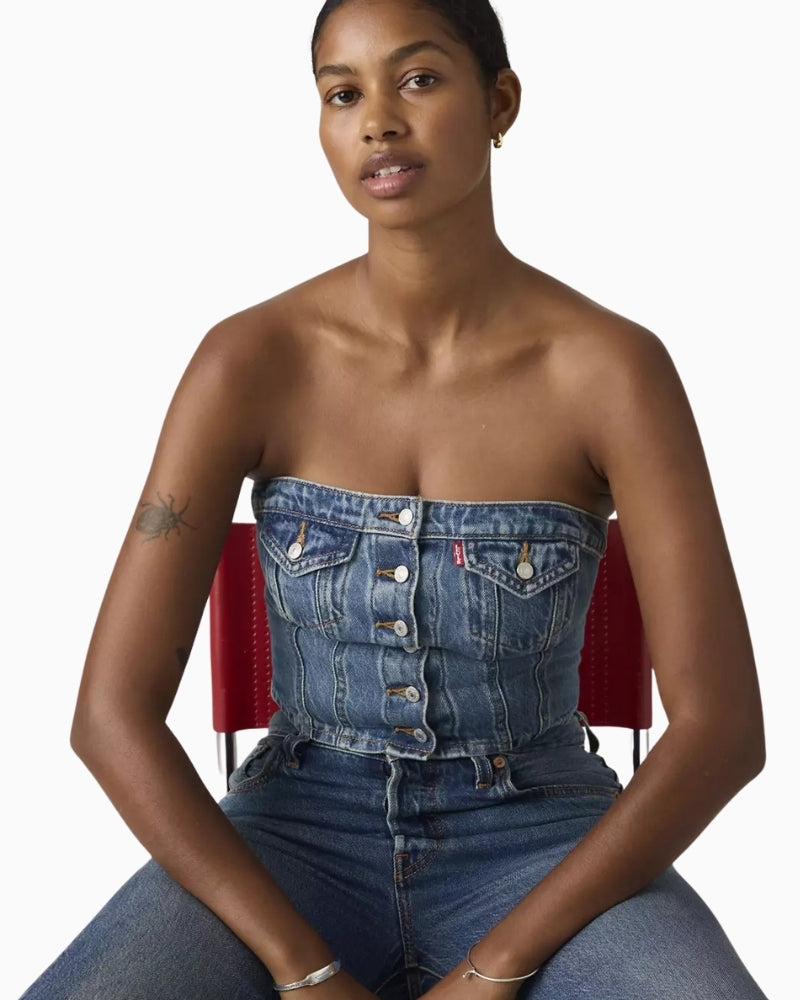 Levi’s blue denim tube top, front view – Áines Boutique