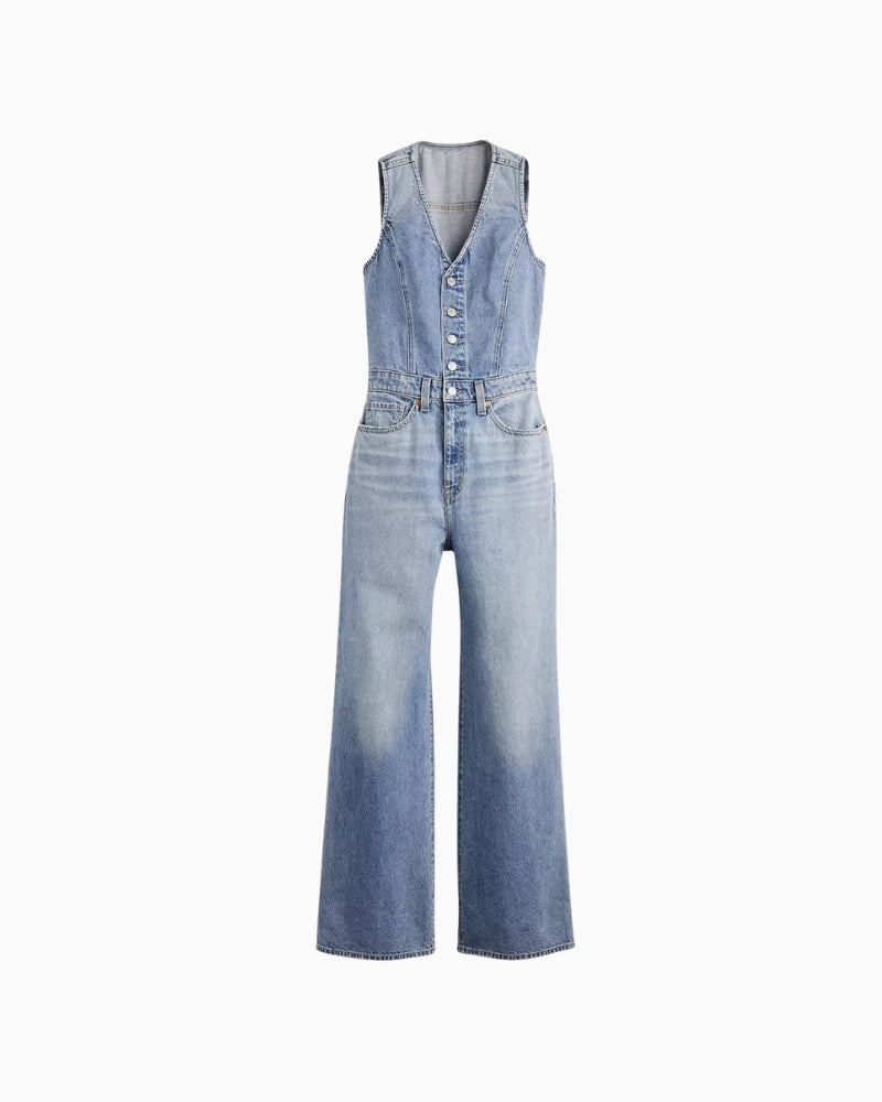 Levi’s denim wide-leg jumpsuit, front view showing slim fit and button front – Áines Boutique