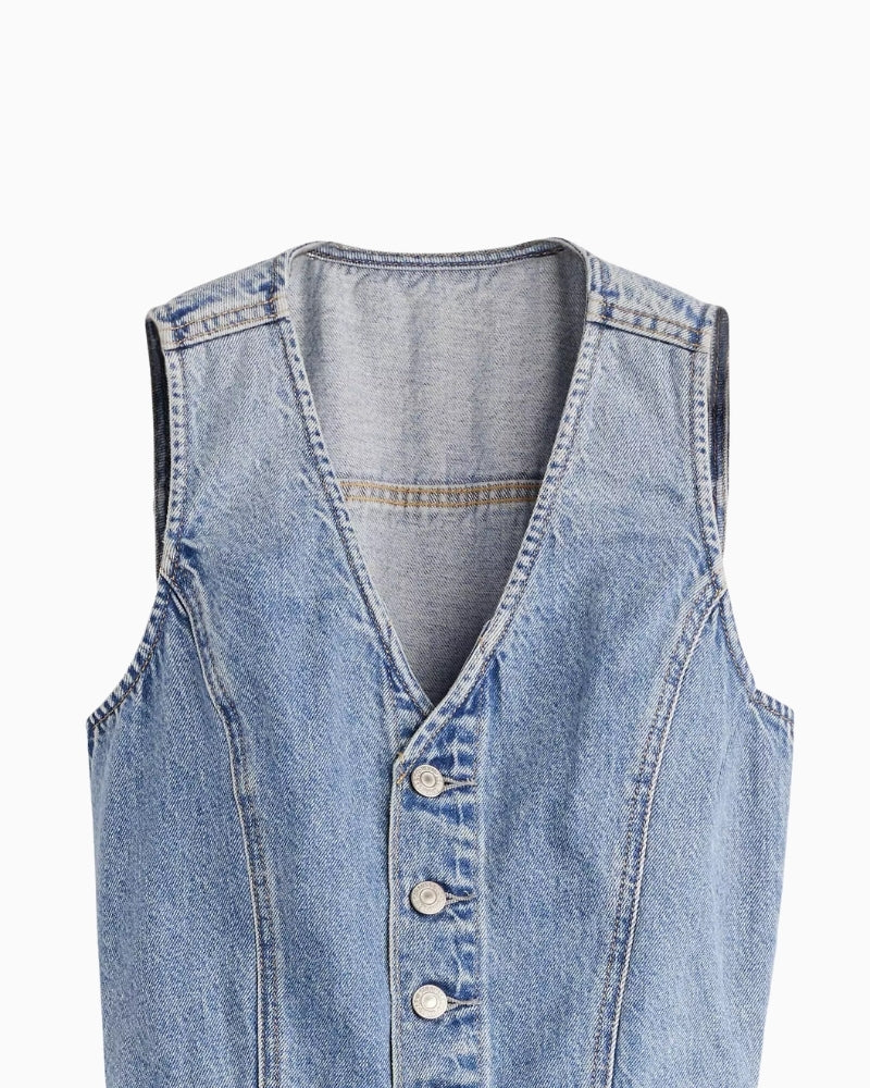 Close-up of Levi’s denim jumpsuit fabric and button detail – Áines Boutique