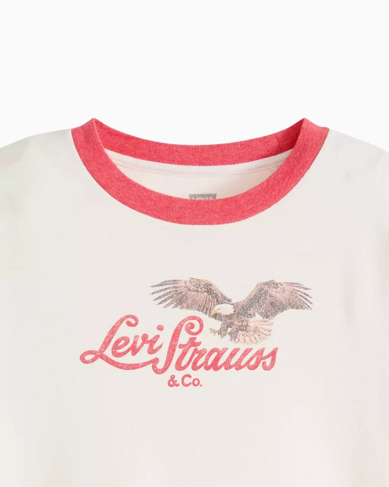Close-up of Levi’s Graphic Essential Sporty Tee cotton fabric and neckline – Áines Boutique
