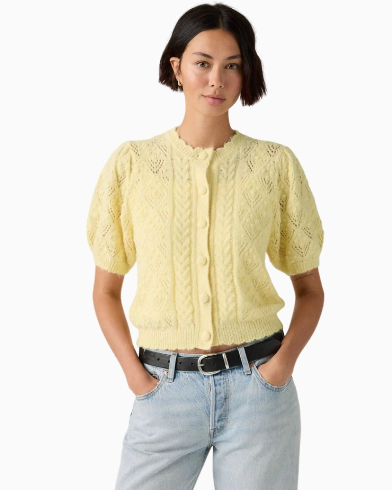 Woman wearing Levi’s Pauline pointelle cardigan, full outfit model view – Áines Boutique