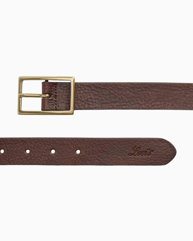 Close-up of brown leather belt showing 35mm width and classic finish