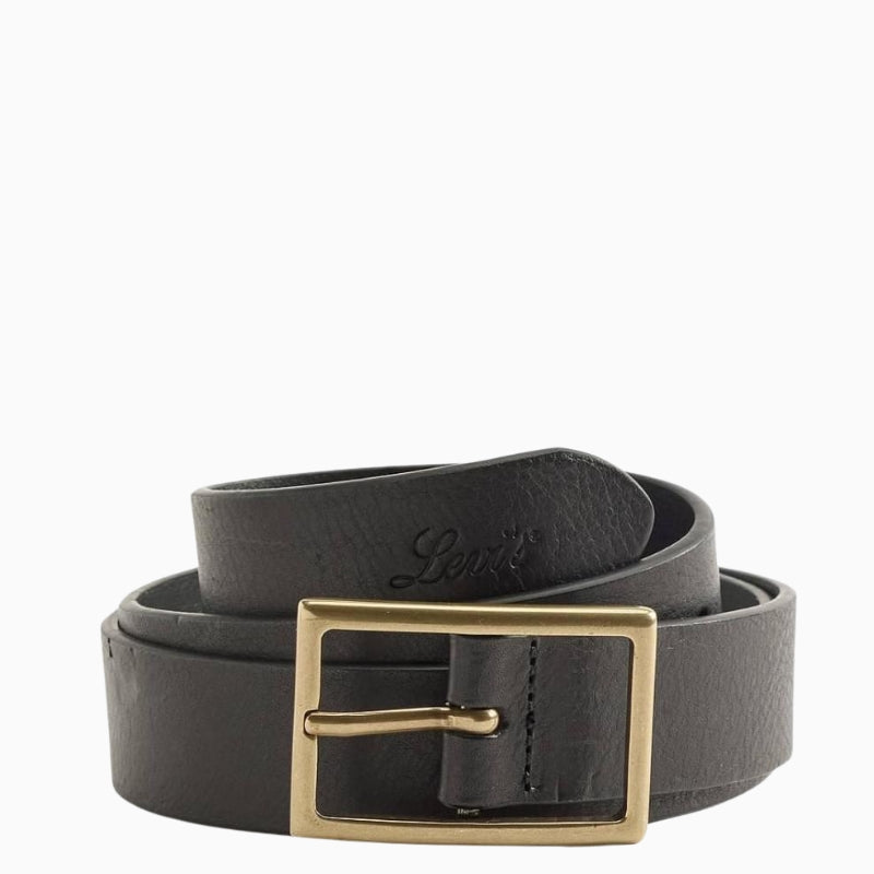Black rectangle buckle belt by Levi’s in full grain leather with slim 30mm widt