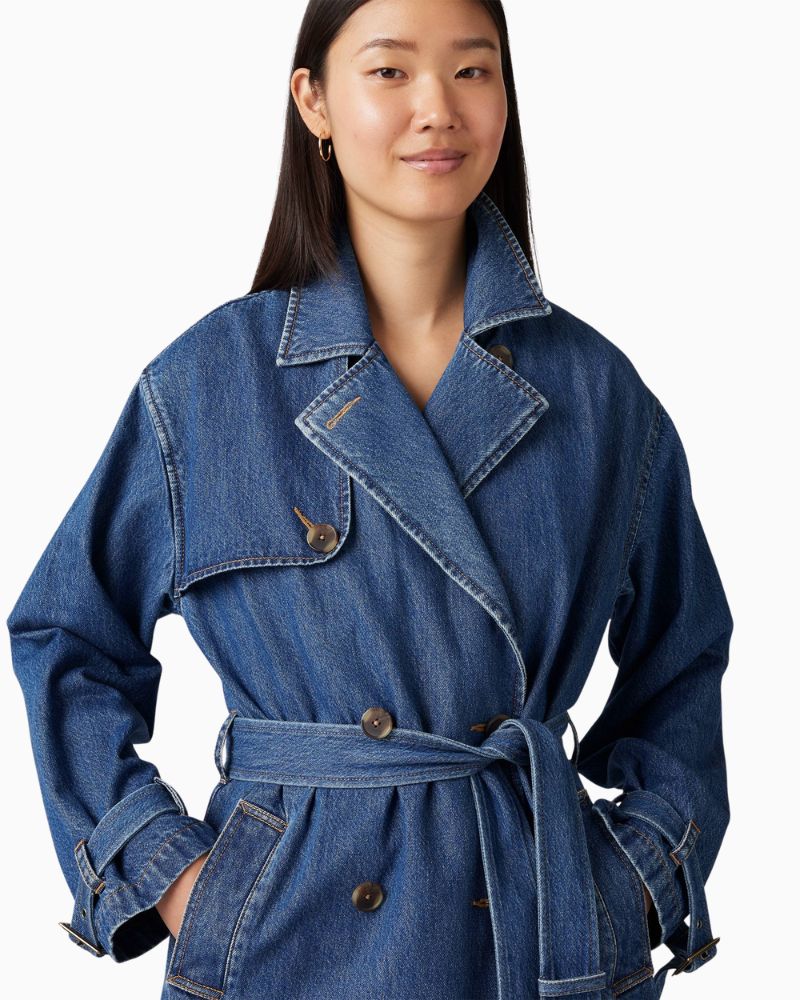 Close up of Levi’s Spade Trench Coat in beige cotton with longline fit and waist belt