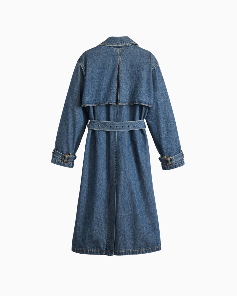 Back of Levi’s Spade Trench Coat in beige cotton with longline fit and waist belt