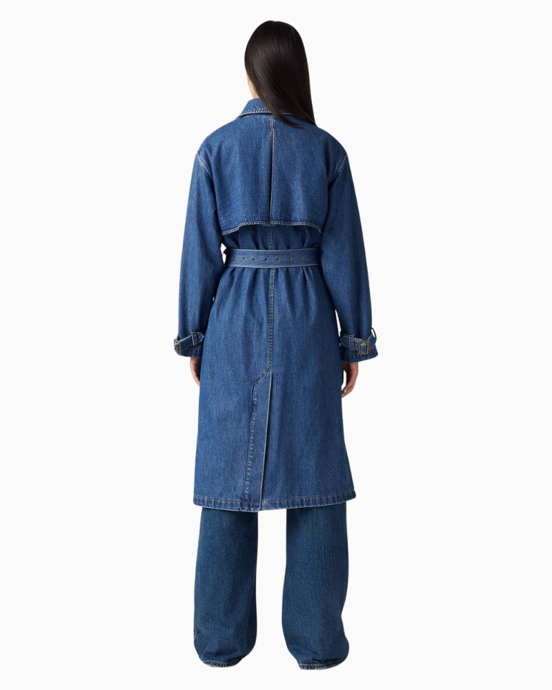 Back view of Levi’s trench showing standard fit and casual buttoned style
