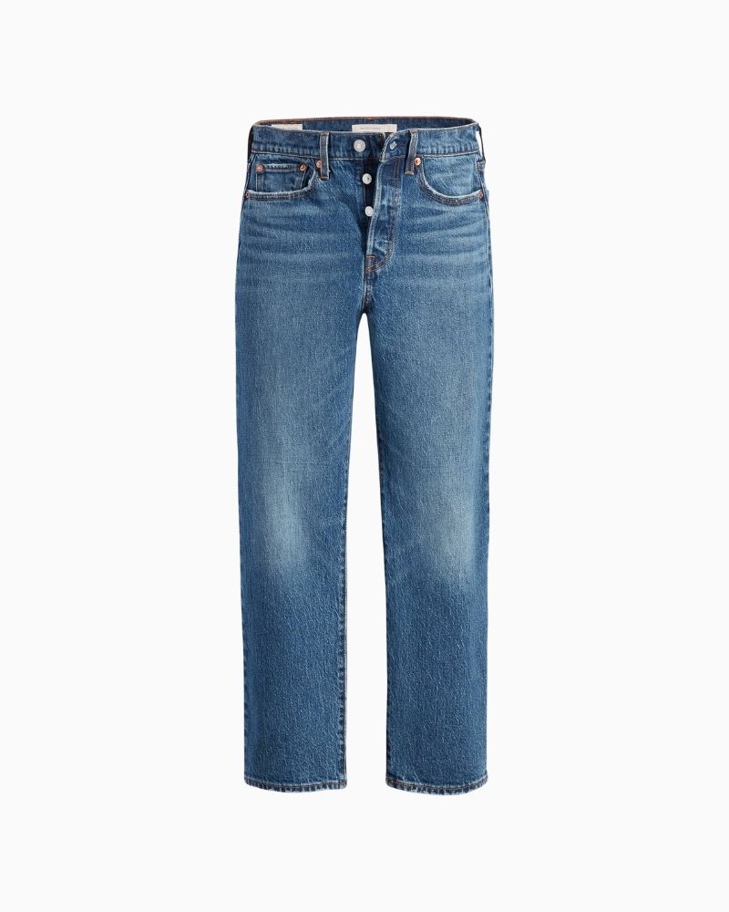 Straight leg high-rise jeans by Levi’s in faded blue stretch denim with button fly