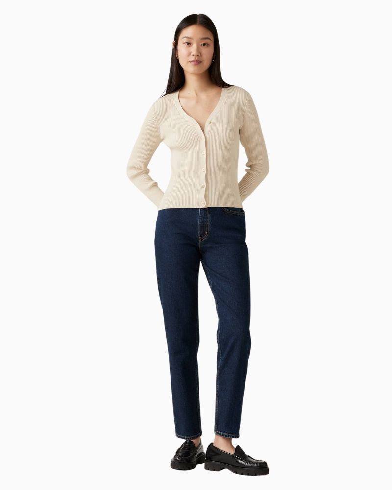 Front view of Levi’s vintage-fit mom jeans showing relaxed hip and tailored ankle shape