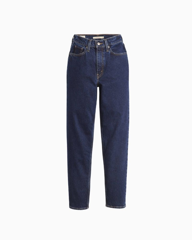 Levi’s 80s Mom jeans in mid-blue stretch denim with tapered leg and high-rise waist