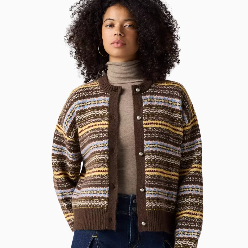 Levi's Charlotte Crewneck Cardigan in Brown Stripe front view