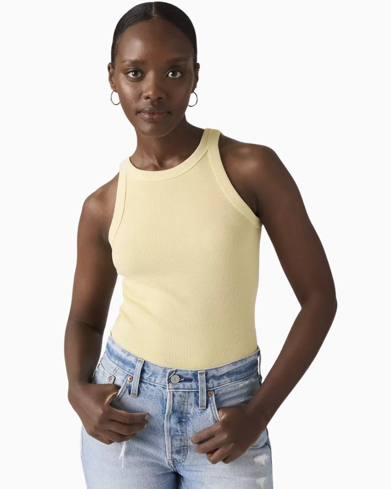 Levi’s Essential Racer Tank French Vanilla styled with denim shorts