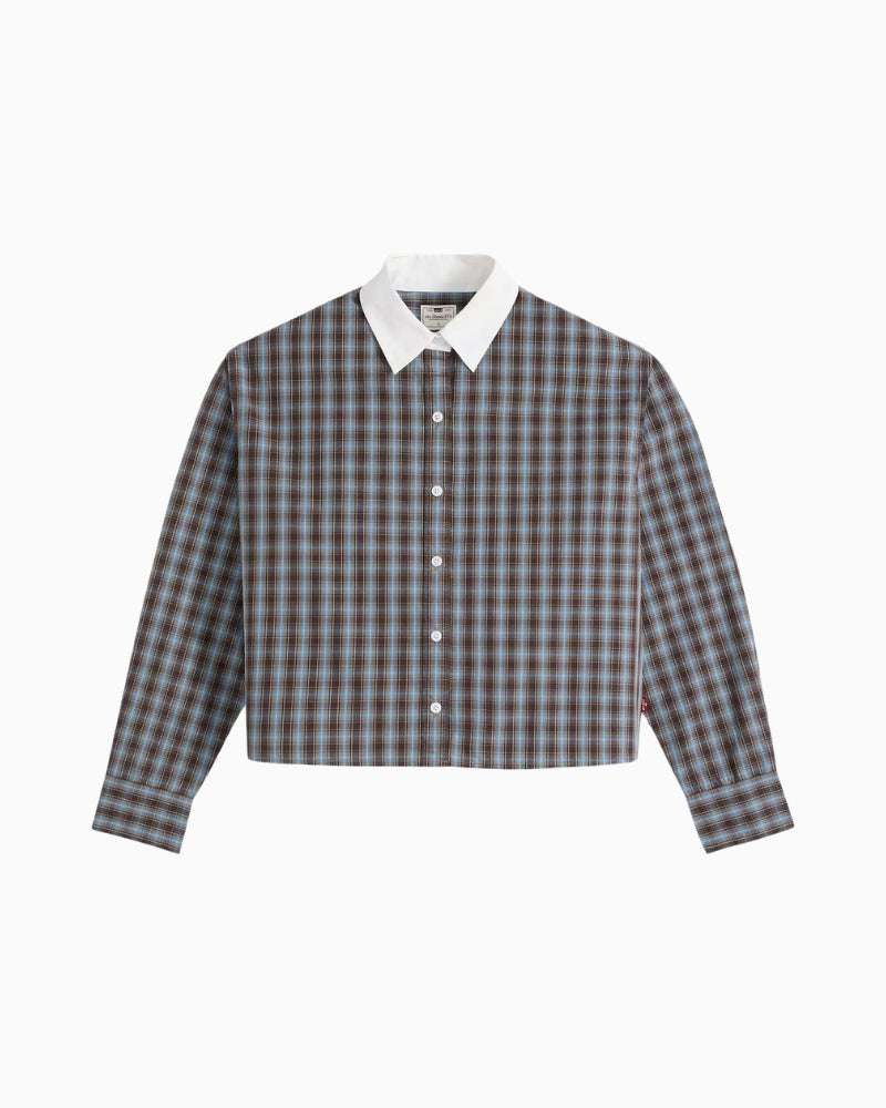 Levi's Harlie Long-Sleeve Shirt in brown plaid button-front detail