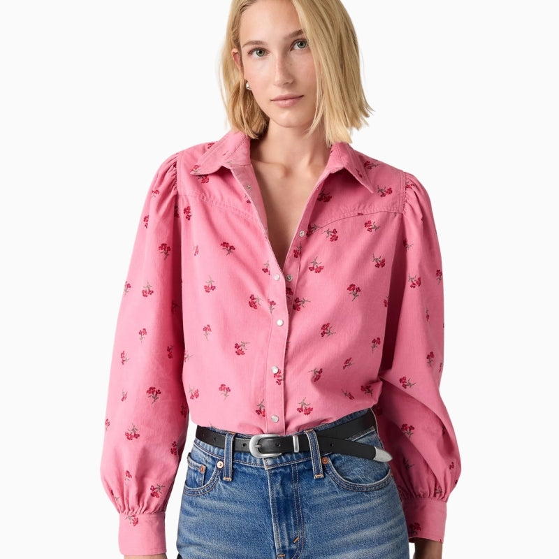 Levi's Juna Western Shirt in pink floral corduroy front view