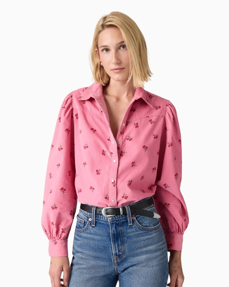 Levi's Juna Western Shirt in pink floral corduroy front view