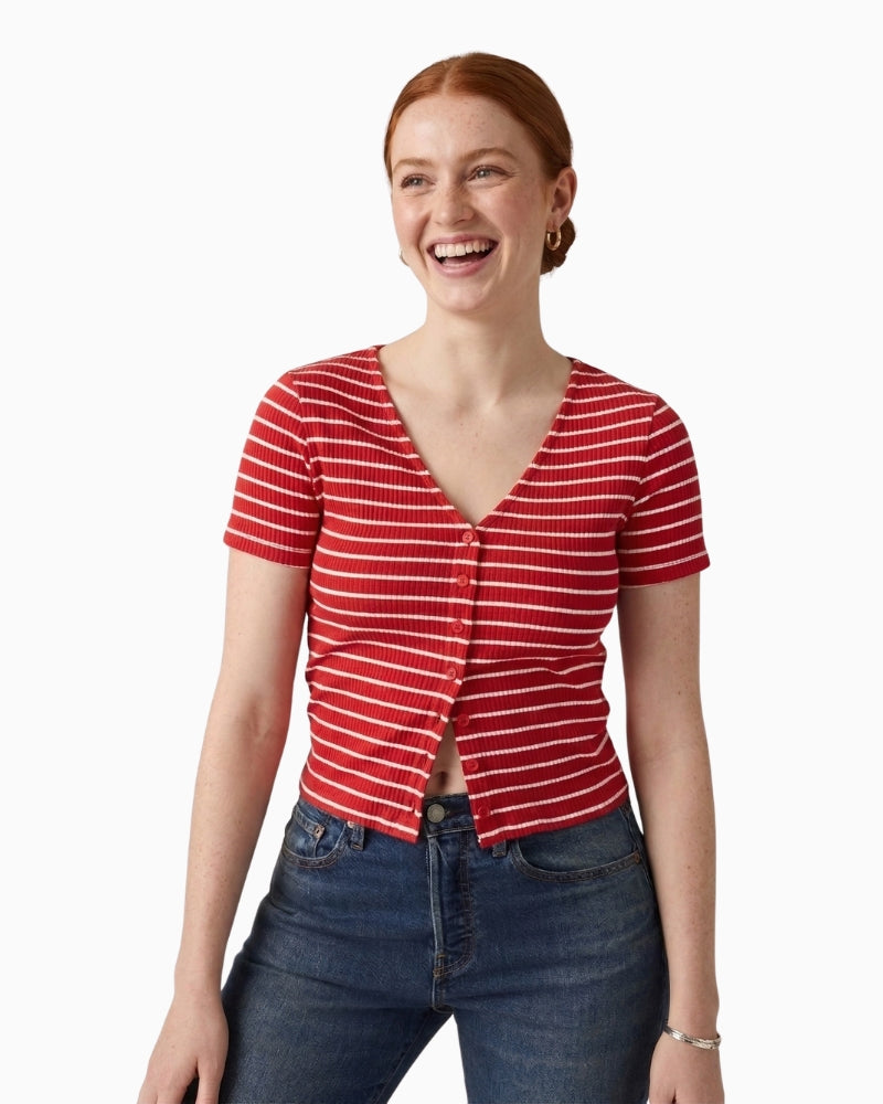 Levi’s Muse SS Tee red and white striped button front detail